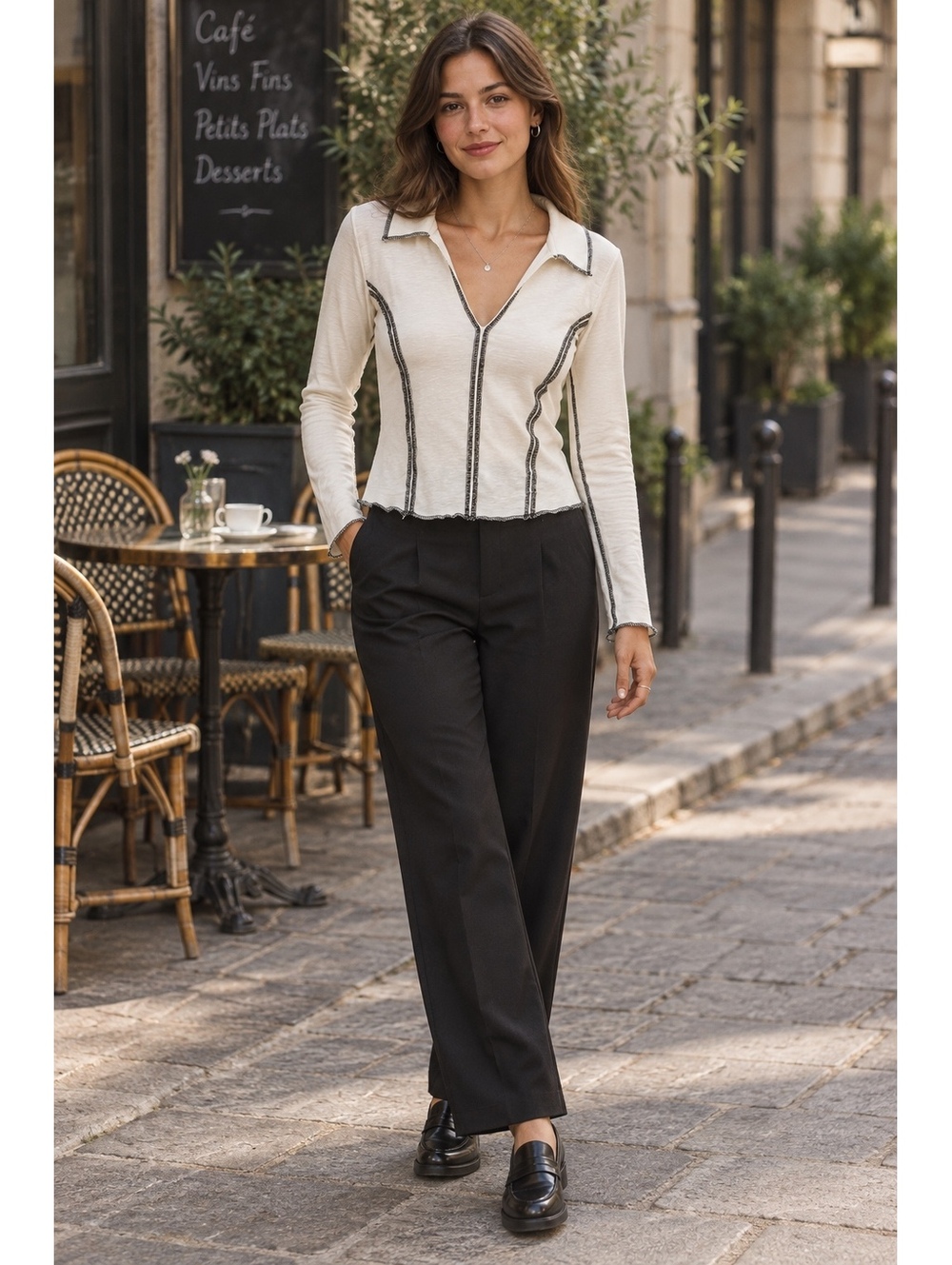 Pilcro White Cotton Blend Long Sleeve Pullover Top with Black Stitching Detail,